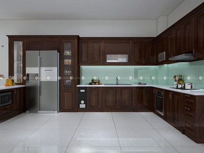 Tủ Bếp Gỗ Sồi Phủ Sơn Màu Nâu Trầm Thiết Kế Chữ U Tiện Lợi 2