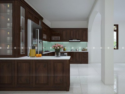 Tủ Bếp Gỗ Sồi Phủ Sơn Màu Nâu Trầm Thiết Kế Chữ U Tiện Lợi 0