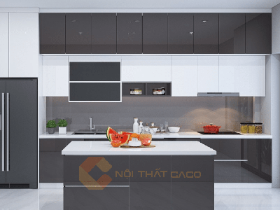 Tủ Bếp Gỗ MDF An Cường Phủ Acrylic Bóng Gương Chữ I 0