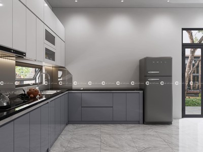 Tủ Bếp Gỗ Công Nghiệp MDF Chữ L Màu Trắng Xám Hiện Đại 2