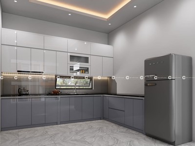 Tủ Bếp Gỗ Công Nghiệp MDF Chữ L Màu Trắng Xám Hiện Đại 1