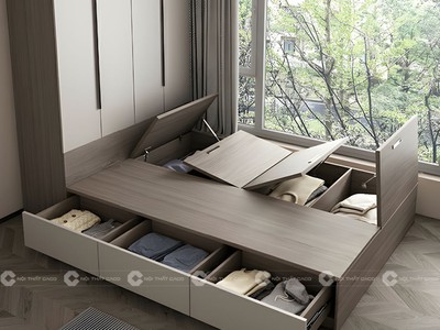 Giường Ngủ Gỗ Công Nghiệp Có Hộc Kéo Tích Hợp Tủ Áo 1