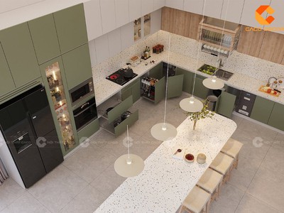 Tủ Bếp Gỗ Công Nghiệp Chữ L Phối Màu Xanh Olive Hiện Đại 2