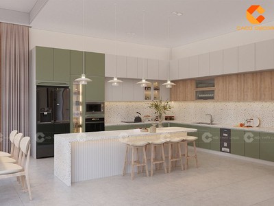 Tủ Bếp Gỗ Công Nghiệp Chữ L Phối Màu Xanh Olive Hiện Đại 1