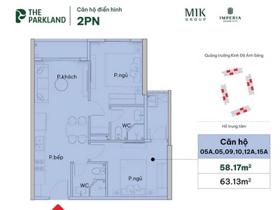 Căn 2PN The Parkland 57,41m    Tầng 19 cao thoáng, logia hướng Bắc mát quanh năm, ở sướng khỏi bàn 2