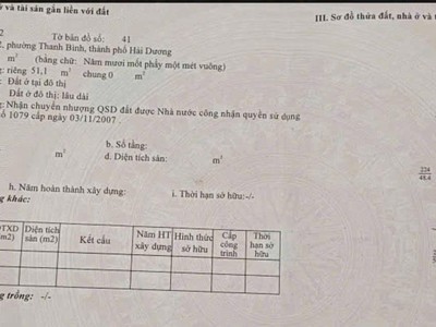 Bán căn nhà 1 tầng ngõ phố Trần Khát Chân, ph Thanh Bình, TP HD, 51.1m2, mt 4.05m, 2 ngủ 1