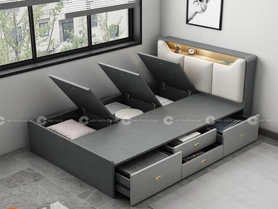 Giường Ngủ Gỗ MDF Melamine Màu Xám Chì Có Kệ Đầu Giường 0