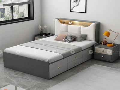 Giường Ngủ Gỗ MDF Melamine Màu Xám Chì Có Kệ Đầu Giường 1
