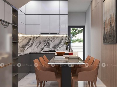 Tủ Bếp Gỗ Công Nghiệp Chữ L Nâu Gỗ Phối Trắng Ấm Cúng 1