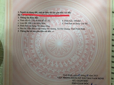 Bán 2 lô đất 100m2/ lô mặt tiền 5m thuộc khu dân cư tập trung hải quang xã hải quang ninh 0