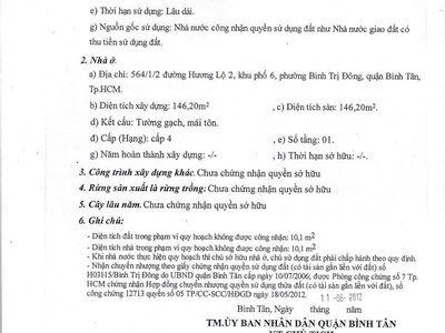 Chính chủ bán nhà hẻm 564 hương lộ 2, quận bình tân, tp. hồ chí minh. 0