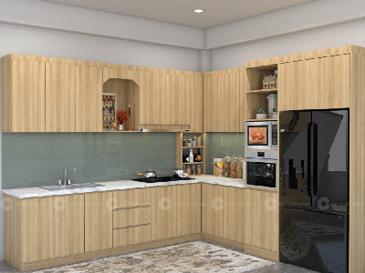 Tủ Bếp MDF Phủ Melamine Chữ L Màu Vàng Vân Gỗ 1