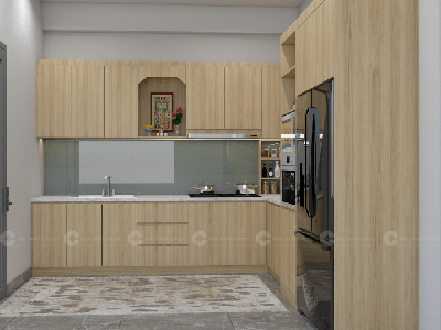 Tủ Bếp MDF Phủ Melamine Chữ L Màu Vàng Vân Gỗ 0