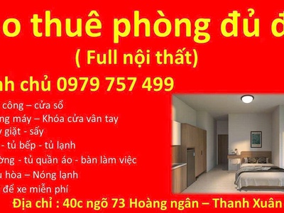 Cho thuê phòng full nội thất   ngõ 73 hoàng ngân, thanh xuân   phòng mới 100 0