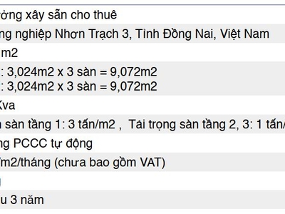 Cho thuê nhà xưởng 3 tầng KCN Nhơn Trạch, Đồng Nai 18.144m 3