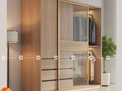 Tủ Quần Áo Gỗ MDF Cửa Lùa Màu Vàng Vân Gỗ Phối Kính Hiện Đại 2