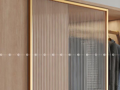Tủ Quần Áo Gỗ MDF Cửa Lùa Màu Vàng Vân Gỗ Phối Kính Hiện Đại 1