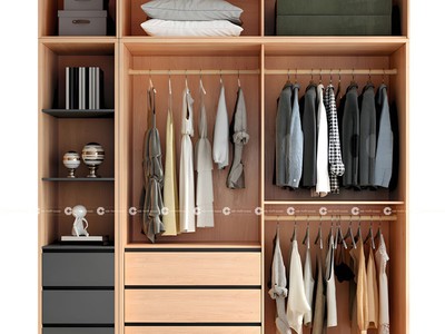 Tủ Quần Áo Gỗ MDF Cửa Lùa Màu Vàng Vân Gỗ Phối Kính Hiện Đại 0