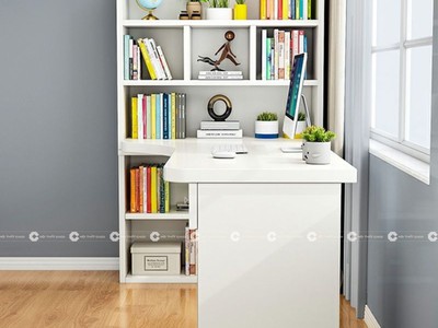 Bàn Làm Việc Tại Nhà Gỗ MDF Chữ L Kết Hợp Kệ Sách Đa Năng 0