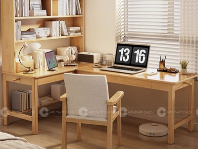 Bàn Làm Việc Tại Nhà Gỗ Sồi Tự Nhiên Kết Hợp Giá Sách Hiện Đại 1