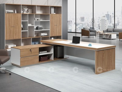 Bàn Giám Đốc Gỗ Công Nghiệp MDF Chữ L Kèm Hệ Kệ Lưu Trữ 1