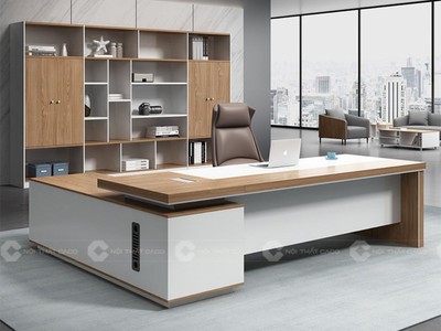 Bàn Giám Đốc Gỗ Công Nghiệp MDF Chữ L Kèm Hệ Kệ Lưu Trữ 2