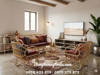 Bàn ghế sofa mây tay cuộn phòng khách 3