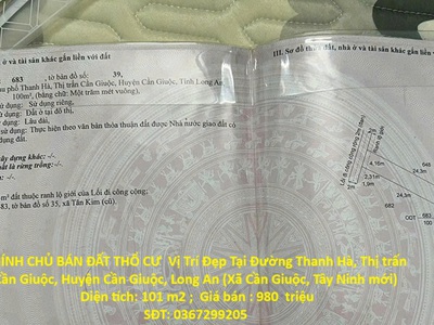 Chính chủ bán đất thổ cư  vị trí đẹp tại tt cần giuộc, huyện cần giuộc, tỉnh long an 0