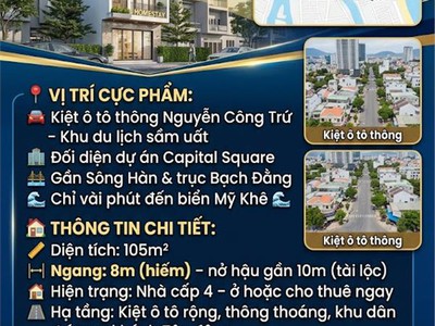Đất vàng trung tâm sơn trà   sát sông   gần biển   ngang khủng 8m dt 105m   - giá 8 tỷ 1