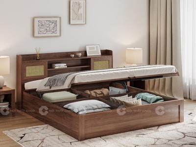 Giường Ngủ Gỗ Công Nghiệp Chân Thấp Tích Hợp Kệ Trang Trí Hiện Đại 2