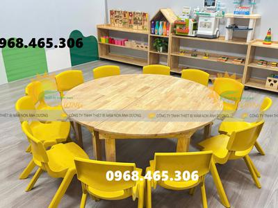 Bàn gỗ chữ nhật mầm non, bàn gập chân bằng gỗ mầm non 2