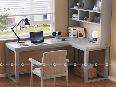 Bàn Làm Việc Gỗ MDF Chữ L Tích Hợp Kệ Sách Đa Năng 2