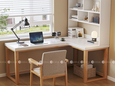 Bàn Làm Việc Gỗ MDF Chữ L Tích Hợp Kệ Sách Đa Năng 1