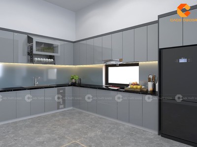 Tủ Bếp Gỗ MDF Phủ Acrylic Màu Xám Chữ L Hiện Đại 1