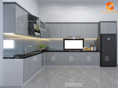 Tủ Bếp Gỗ MDF Phủ Acrylic Màu Xám Chữ L Hiện Đại 0