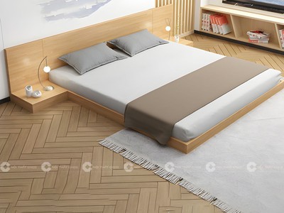 Mẫu Giường Ngủ Gỗ Công Nghiệp Dạng Bệt Màu Vàng Vân Gỗ 1