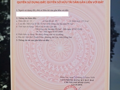 đất thổ cư trung tâm an lộc bình long, sổ hồng riêng 0
