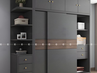 Tủ Quần Áo Gỗ MDF Cửa Lùa Cao Kịch Trần Kết Hợp Kệ Trang Trí 1