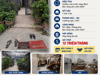 Nhà cho thêu Hẻm 130 dg 2 p. trường thọ - 5x20, trệt lầu, 3pn2wc Giá 12tr TL 4