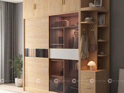 Tủ Áo Cánh Kính Có Kệ Trang Trí Màu Vàng Gỗ Sồi - TAK013 1