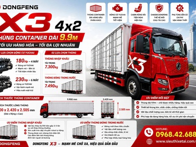 Xe tải thùng container, kín, mui bạt 4x2 Dongfeng X3 thùng dài 9m9 10m, giá rẻ tốt nhất Hà Nội 0