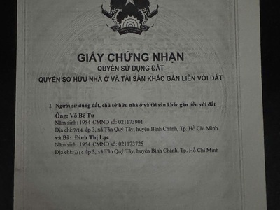 Chính chủ cần bán lô đất đẹp tại tân quý tây   bình chánh 0
