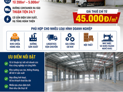 Cho thuê kho - xưởng từ 200M2 ĐẾN 5000M2 sẵn điện, đường container tại Đà Nẵng, giá chỉ từ 45k 0