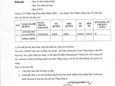 Thông Báo Mất Ấn Chỉ 2025 Của DBV THỦ THIÊM 0