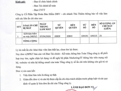 Thông Báo Mất Ấn Chỉ 2025 Của DBV THỦ THIÊM 0