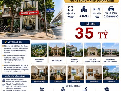 Bán nhà mặt phố phạm văn đồng - bắc từ liêm - kd đỉnh - 75m - 4 tầng - mt 5m - 35 tỷ 0