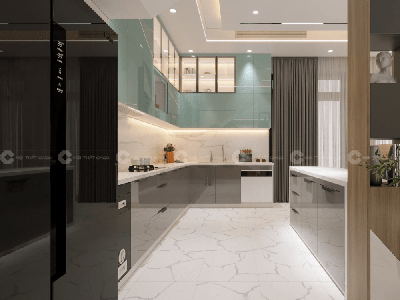 Tủ Bếp MDF Phủ Acrylic Chữ L Cánh Kính Màu Xanh Mint 1