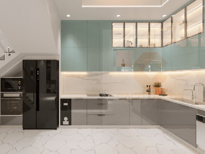 Tủ Bếp MDF Phủ Acrylic Chữ L Cánh Kính Màu Xanh Mint 0
