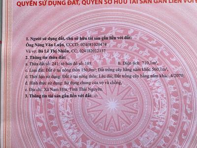 Chính chủ bán đất cây thị, nam hòa, thái nguyên - 710m2 - mặt tiền 15,5m - có thể chia 3 lô, chỉ 2