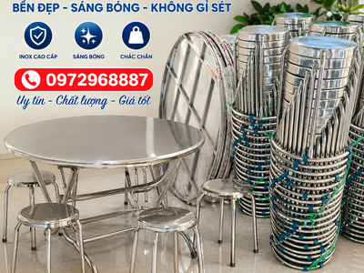 Bàn ghế inox đám cưới,bàn tròn inox 1m2, ghế inox tròn in logo 1